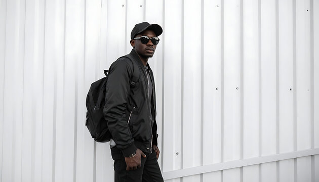 Man in black bomber jacket, sunglasses, and baseball cap with backpack standing against a white corrugated metal wall