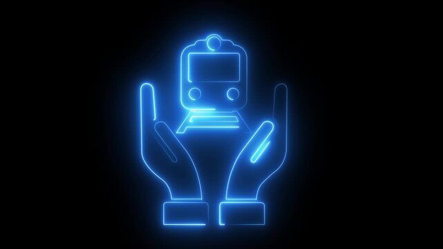 Neon glowing hands protecting train animation for public transport safety and travel insurance concepts on black background .4k video animation