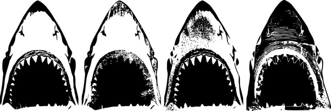Four different black and white shark head silhouettes showing open jaws and teeth in aggressive poses
