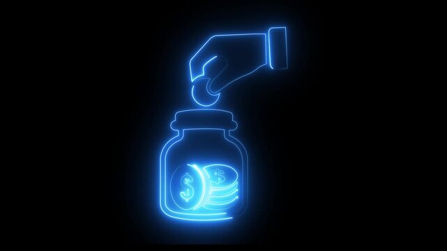 Neon glowing hand inserting coin into savings jar animation for financial planning and investment concepts on black background .4k video animation ,