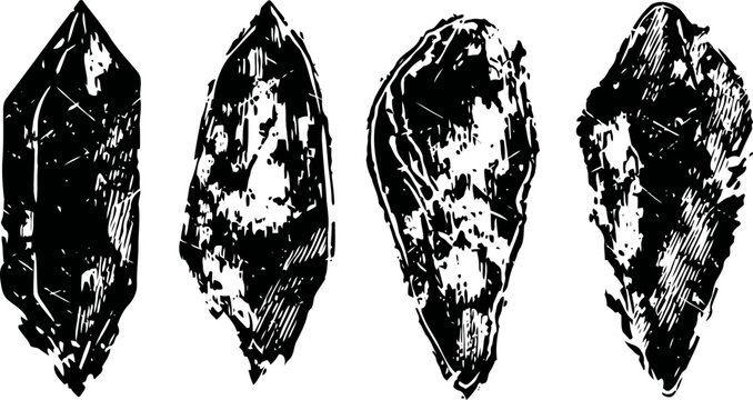 black and white illustration of ancient stone tools and arrowheads of prehistoric era