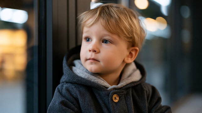 Child peering wide-eyed through glass door of dark store fulfillment center as parent shops groceries at 11pm, automated shelving robots visible inside, fluorescent aisles empty