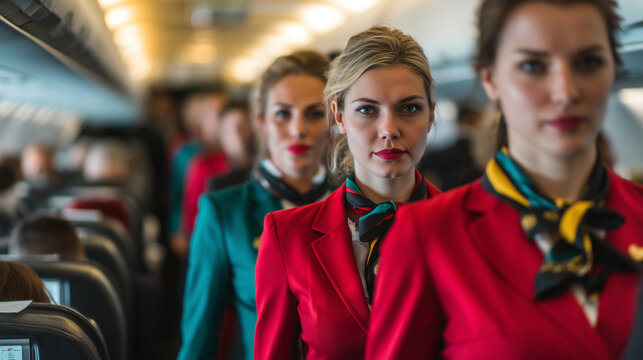 Air hostesses inspecting and coordinating inside a modern passenger airplane that has just arrived at an international airport, Sheremetyevo airport atmosphere in Moscow, Russian aviation scene, fligh