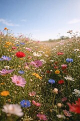 Obraz premium Vibrant wildflowers bloom under sky.