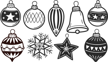 Fototapeta premium Set of black and white christmas ornaments including baubles, a bell, a star, and a snowflake for holiday seasonal decoration projects