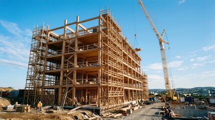 Obraz premium Massive Timber Building Under Construction with Crane and Blue Sky.