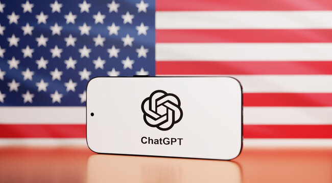 ChatGPT Logo on Smartphone with US Flag, OpenAI Artificial Intelligence American Tech Brand App
