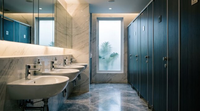 Modern Public Restroom with Sinks and Lockers.