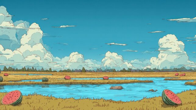 Bright summer day illuminates a vast rural field featuring a waterway and scattered ripe fruit