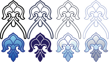 Collection of ornate fleur de lis decorative in various blue shades, featuring outline and solid fill styles for applications © Johir