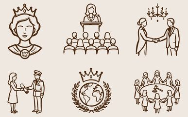 Obraz premium Government leadership ceremony icons featuring royal crown speaker podium audience handshake medal award globe emblem people discussion circle hand drawn vector illustration collection authority 