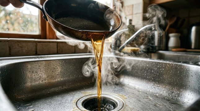 Pouring hot cooking oil down the kitchen sink drain.