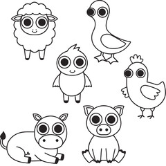 Fototapeta premium Collection of adorable farm animals coloring page line art with coloring
