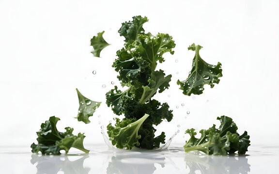 Fresh green kale leaves splashing in water on white background.