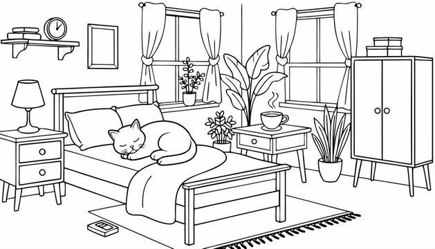 Cozy bedroom interior with sleeping cat coloring page interior sleeping