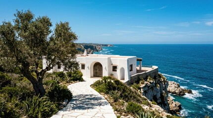 Obraz premium Stunning White Villa Perched on a Cliff Overlooking the Azure Mediterranean Sea.