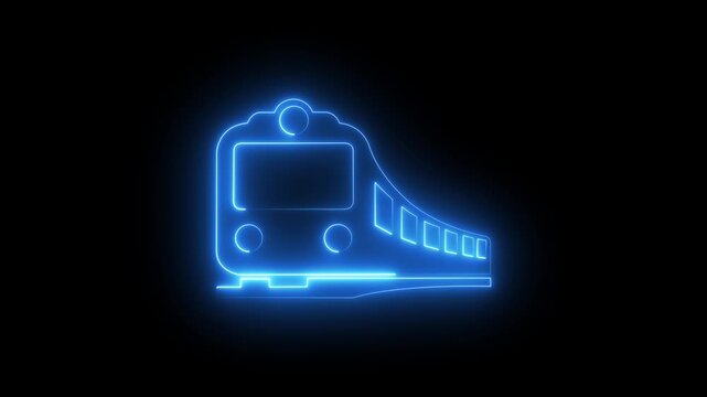 Glowing neon train animation: modern travel and transportation concept on black background .4k video animation 