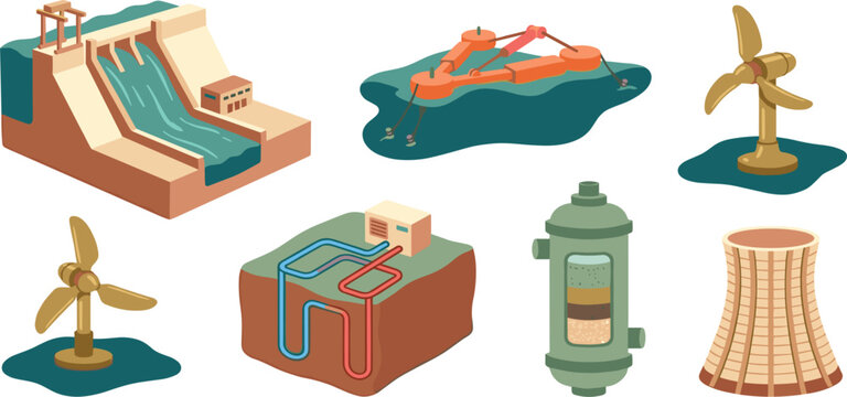 Isometric renewable power generation vector elements featuring hydroelectric dam geothermal heat pump tidal wave energy generator and cooling tower on white