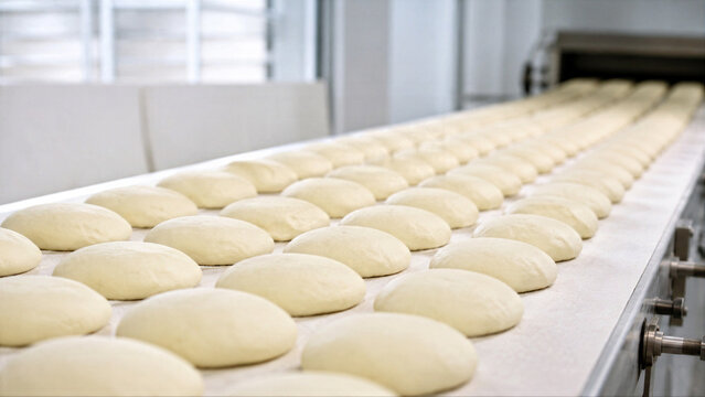 Raw dough balls moving on industrial conveyor belt at bakery. Automated bread production line process in manufacturing factory. Modern food industry equipment for baking technology.