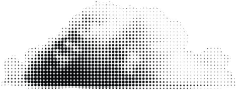 Stylized mountain range or landform shape created with dense halftone dots, suggesting depth and texture.