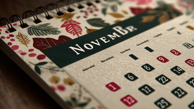 International Day of the Blind awareness concept, autumn month calendar for November, elegant seasonal design, open calendar page showing November with autumn leaves, symbolic accessibility and inclus