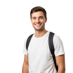 Obraz premium Smiling young male student wearing a white t-shirt and a black backpack