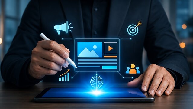 Expert creating digital content and refining marketing strategies on tablet, leveraging AI, data analytics, and audience engagement.