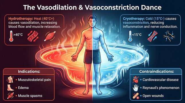 Infographic explaining vasodilation and vasoconstriction with a man standing between heat and cold