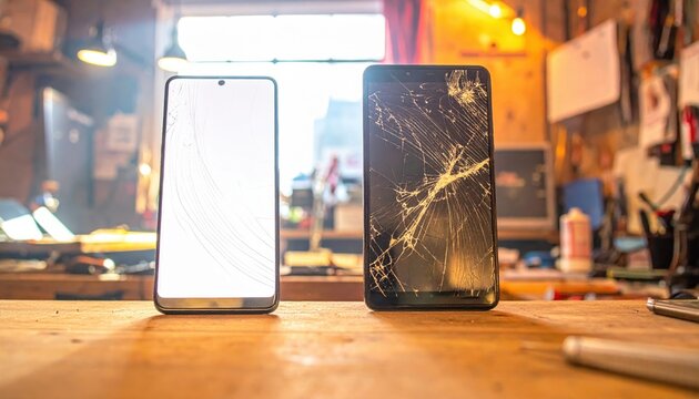 Modern Smartphones with Cracked Screens on a Workbench Surface