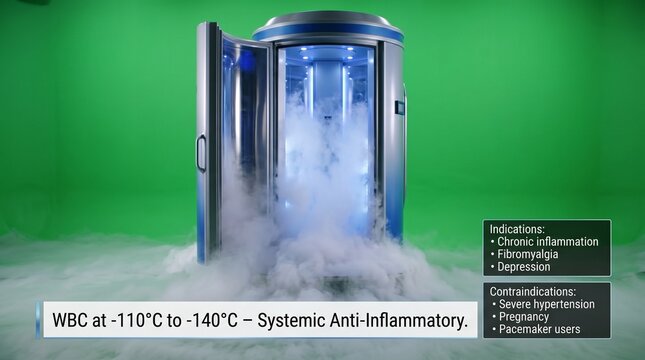 Whole body cryotherapy chamber with smoke on green background for health treatment