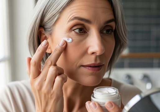 Mature woman applying anti-aging cream to face. Daily skincare routine for healthy glowing skin. Face lifting and moisturizing treatment for aging skin. Natural beauty and wellness.