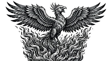 Fototapeta premium Vintage phoenix bird rising from fire, mythical firebird woodcut illustration, majestic phoenix mascot with spreading wings and flames