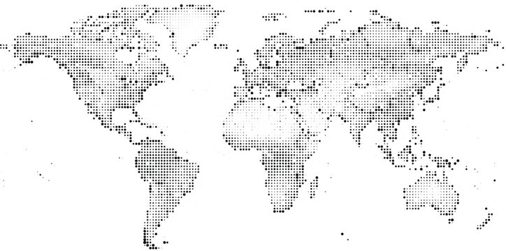 World map in grayscale halftone dot pattern showing continents and oceans abstract geographic representation.
