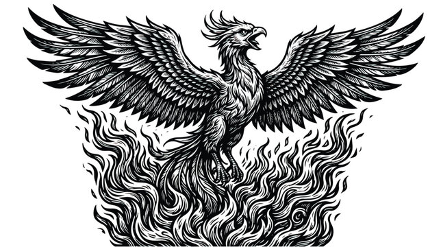 Vintage phoenix bird rising from fire, mythical firebird woodcut illustration, majestic phoenix mascot with spreading wings and flames