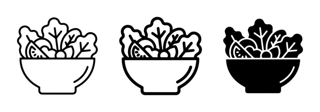 Salad Bowl Icons, Fresh Greens and Vegetables, Healthy Food Vector Graphics, Simple Line Art and Silhouette