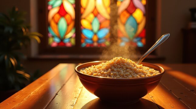 Millet porridge is served against a bright background on the background of the church
