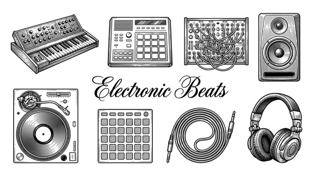 Hand drawn vintage electronic music production equipment set including synthesizer, drum machine, modular synth, turntable, headphones, and studio monitor.