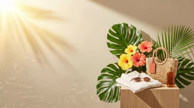 Tropical flat lay with hibiscus flowers monstera leaves and palm fronds. Woven bag sunglasses white shirt and sunscreen bottle on wooden surface. Summer vacation beach essentials concept