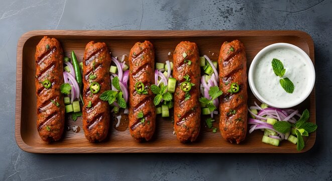 Top view of five lule kebabs on a wooden tray with fresh vegetables and yogurt dip, gourmet meal.