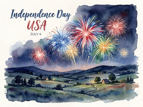 Watercolor Fireworks Landscape for USA Independence Day Celebration