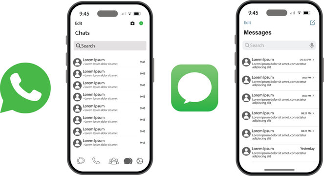 Smartphone chat interface mockups for WhatsApp and iMessage messaging. Mobile Chat Application UI Design Template Showing Messaging, Text Bubbles and Conversation. 2026 update UI vector template
