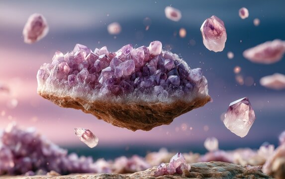 Dreamlike Scene of Floating Crystals in an Antigravity Cave Setting