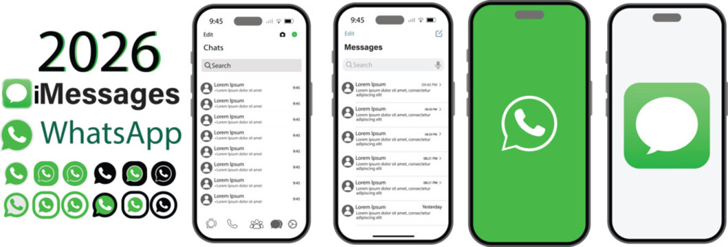 Messaging App Chat Interface Mockup with iMessage and WhatsApp Conversation Screens Mobile Chat. WhatsApp and iMessage mobile application icon sets with digital chat screen
