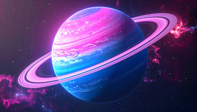 Pixel art planet with rings in vibrant pink and blue colors, surrounded by nebula clouds, cosmic background