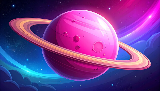 Pixel art planet with rings in vibrant pink and purple nebula, retro sci-fi space scene