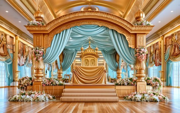 Ornate Gurdwara Hall with Golden Throne and Floral Decorations