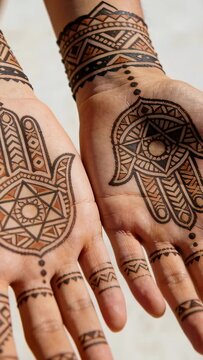 Vertical video: Showing palms to camera, pair of hands tilting to reveal Hamsa henna outdoors