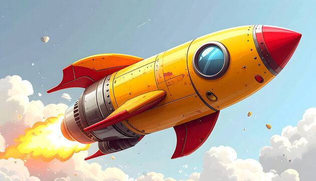 Pixel art retro rocket ship blasting off into a cloudy sky, space exploration, vintage sci-fi adventure