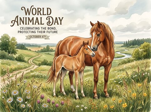 Wild Horses in Meadow World Animal Day Nature Conservation Illustration