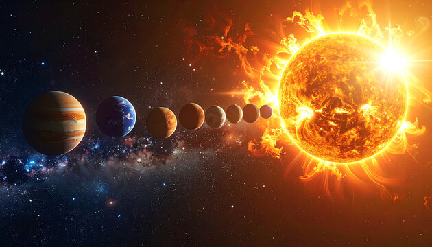 Pixel art solar system, sun with planets orbiting in space, colorful nebula background, science and astronomy concept